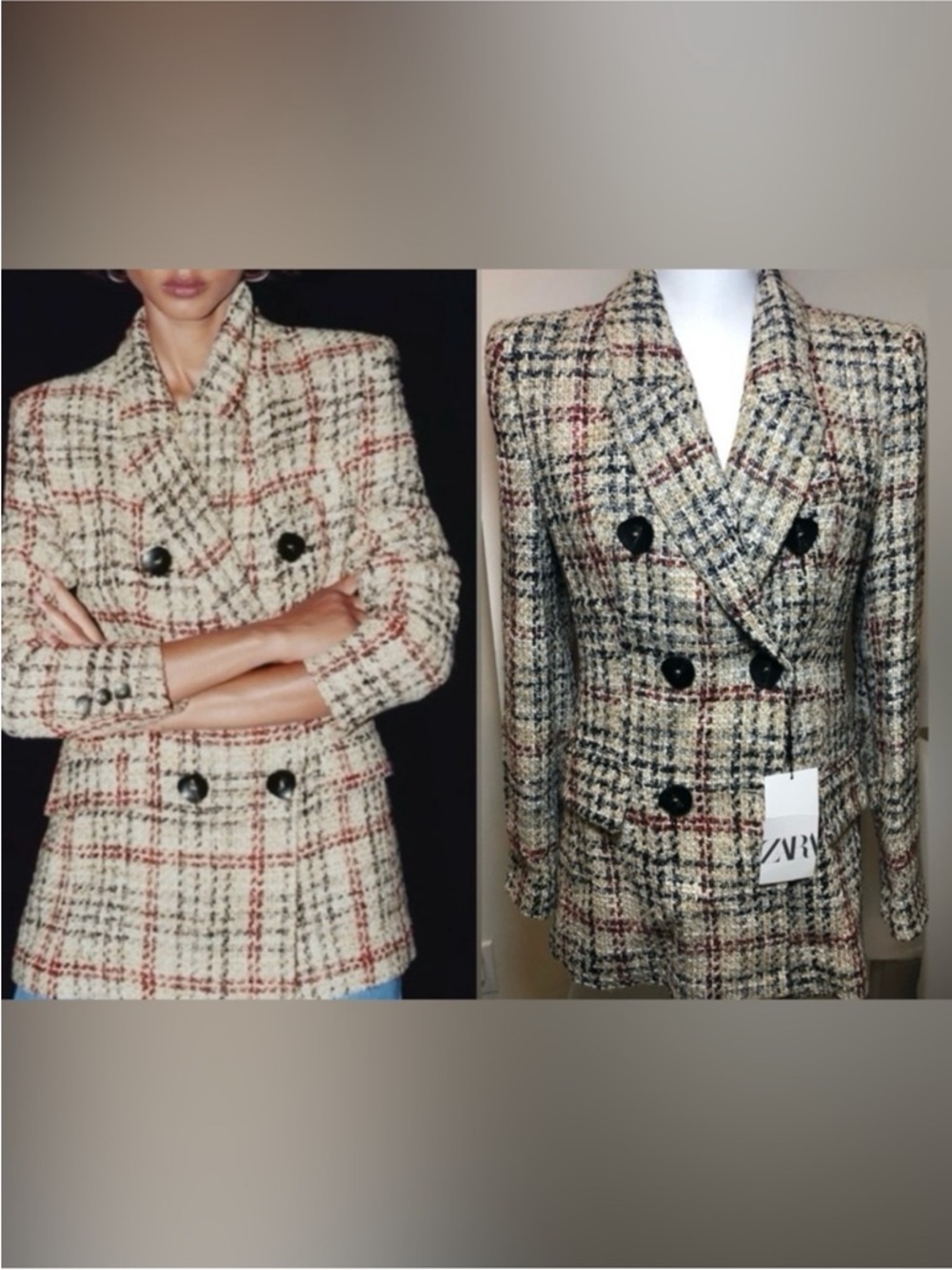 Zara Womens Double-Breasted Tweed Blazer Jacket - Cream brown Plaid